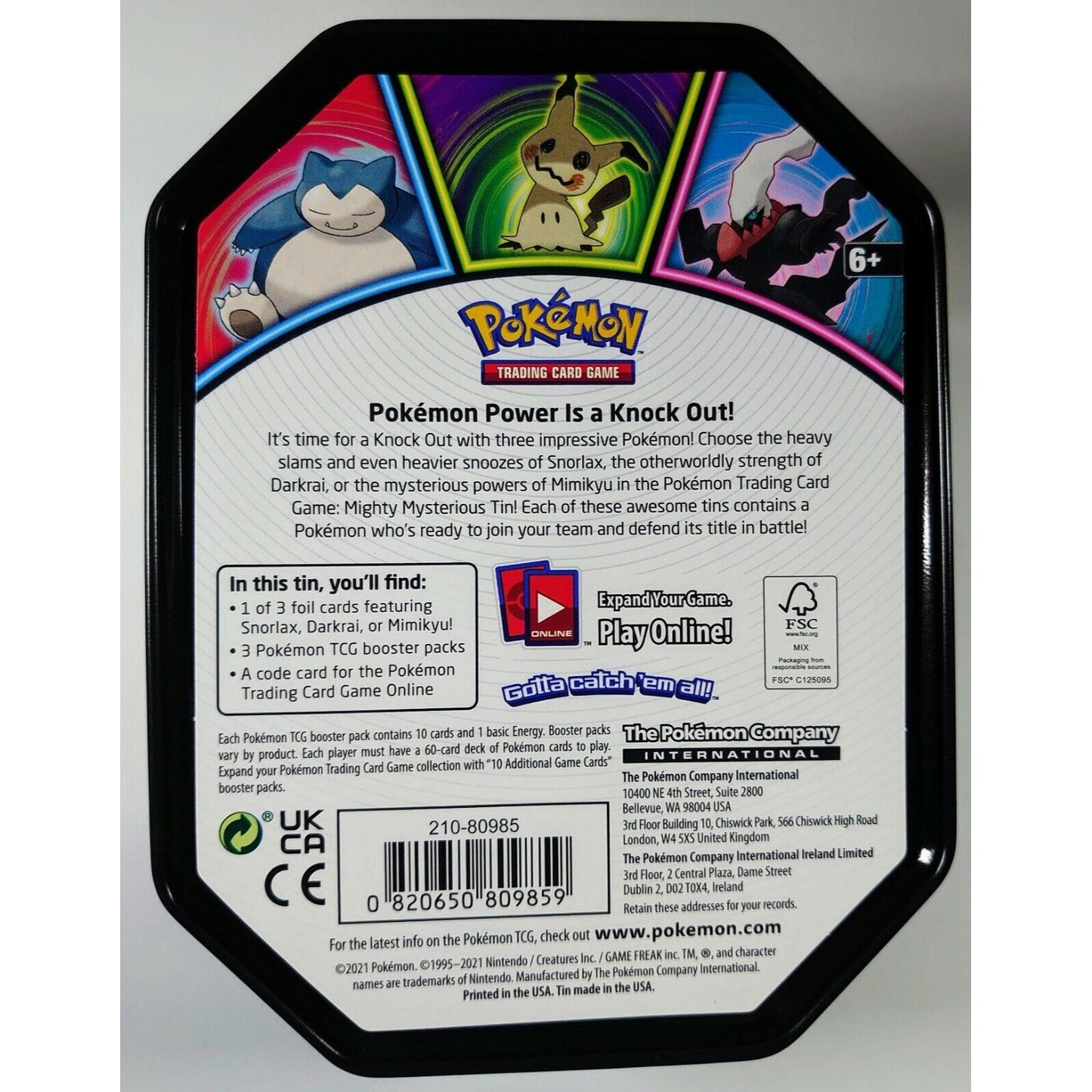 Pokemon - Snorlax Tin Opened PTCGO Code Card and plastic included